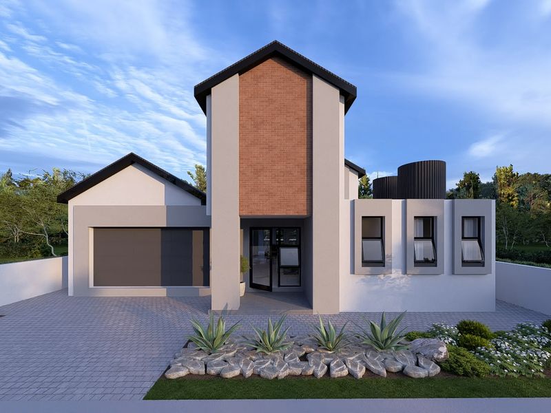 Modern architectural front elevation featuring a striking brick facade, paved driveway, integrated garage, and contemporary window design.