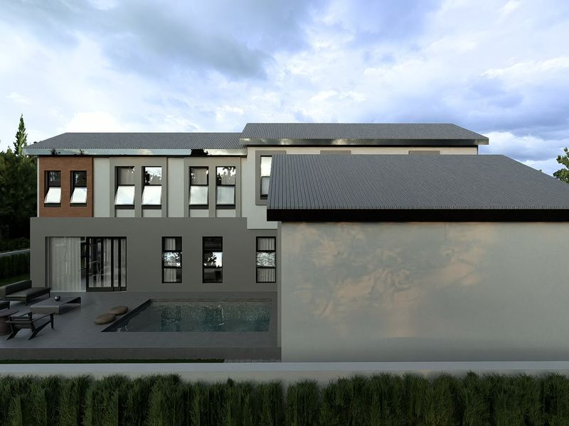 A modern two-story residential exterior featuring a rear patio, swimming pool, and contemporary architectural finishes under a metal roof.