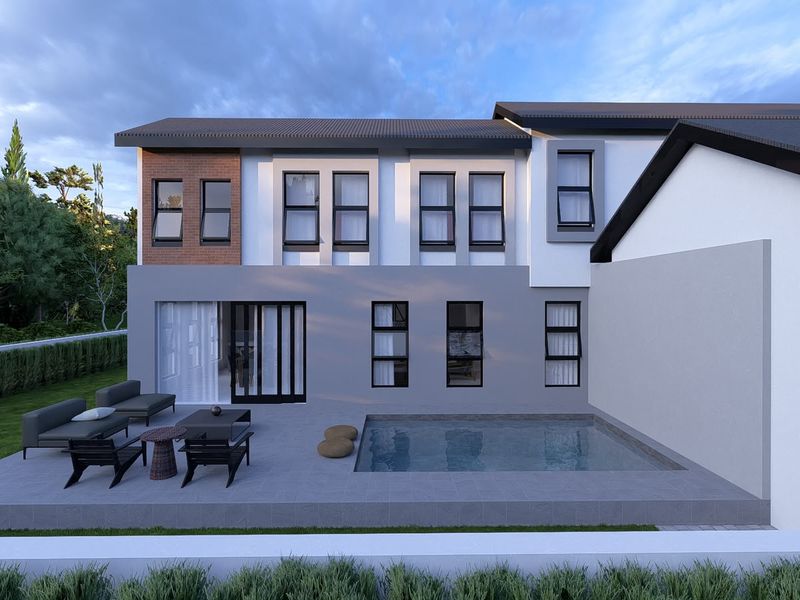 Modern two-story rear elevation featuring a tiled patio, integrated swimming pool, and contemporary architectural finishes with large windows and sliding glass doors.