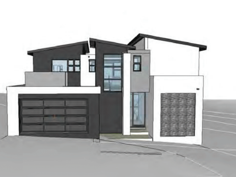A 3D architectural render of a modern multi-level residential home featuring a garage, stone cladding, and contemporary roof design.