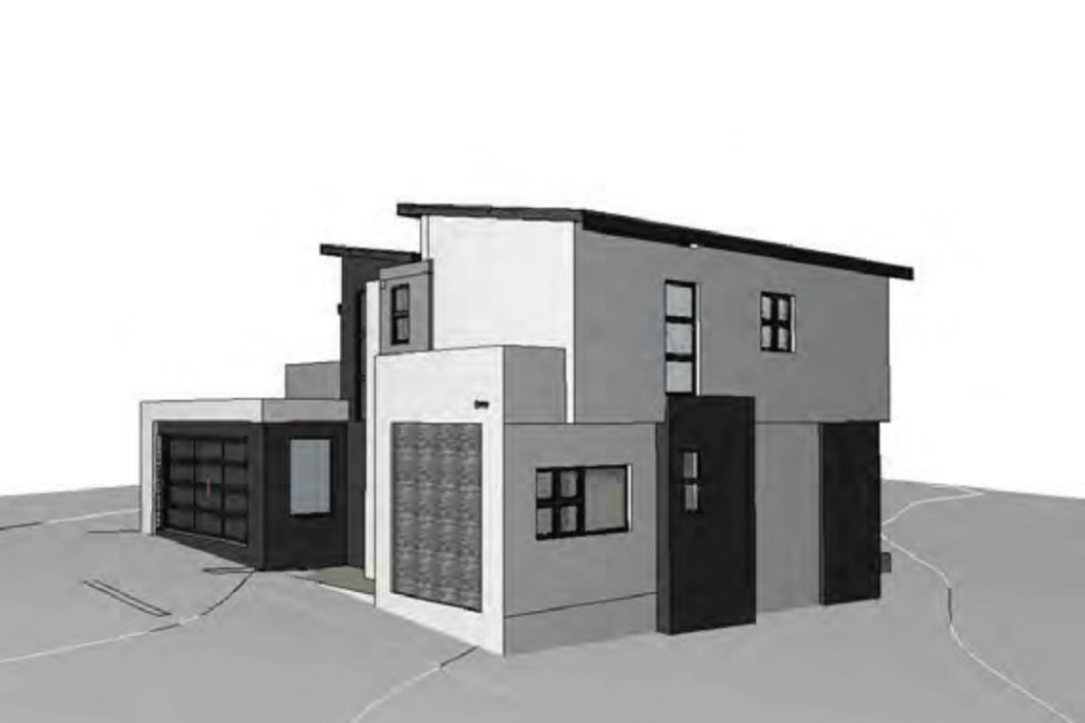 A 3D architectural render of a modern two-story residential home featuring a garage and contemporary facade design.