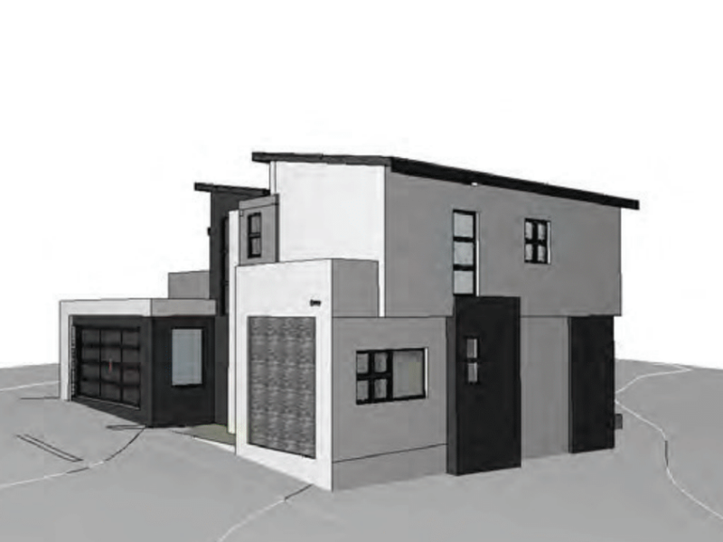 A 3D architectural render of a modern two-story residential home featuring a garage and contemporary facade design.
