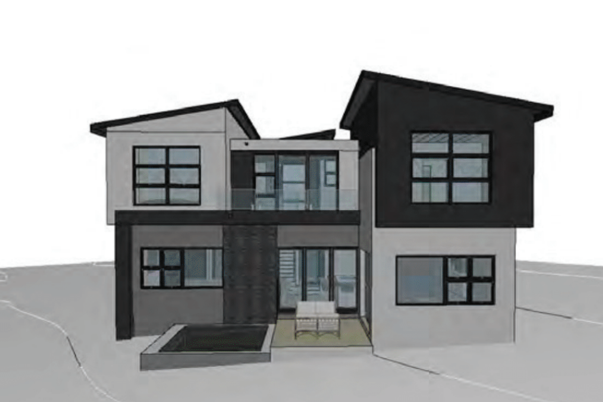 A 3D architectural render of a modern two-story home featuring a skillion roof, glass balcony, and a rear plunge pool.