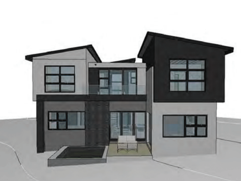 A 3D architectural render of a modern two-story home featuring a skillion roof, glass balcony, and a rear plunge pool.