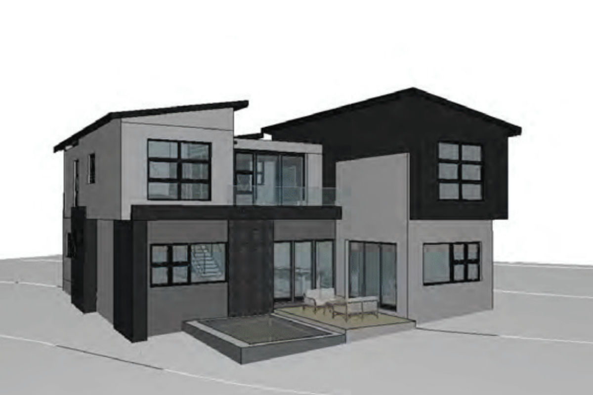 A 3D architectural render of a modern two-story house featuring a rear patio, glass balcony, and contemporary multi-level roof design.