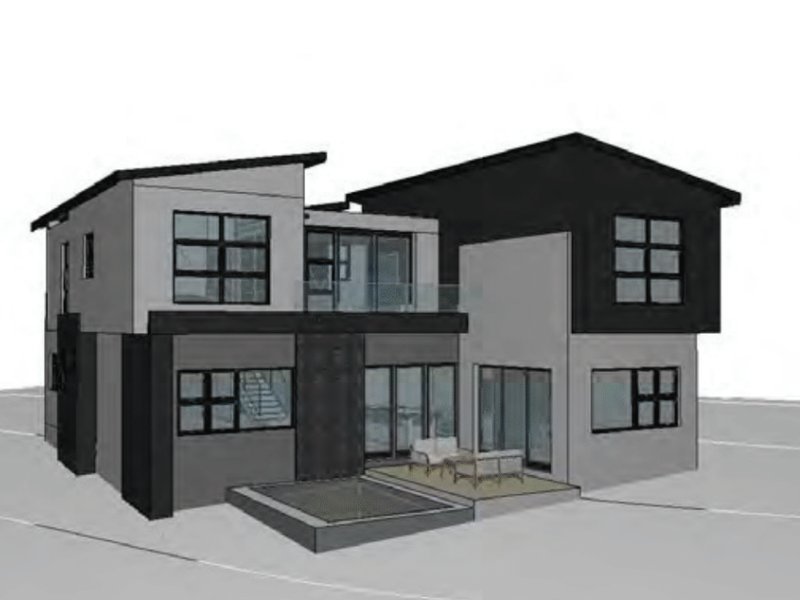 A 3D architectural render of a modern two-story house featuring a rear patio, glass balcony, and contemporary multi-level roof design.