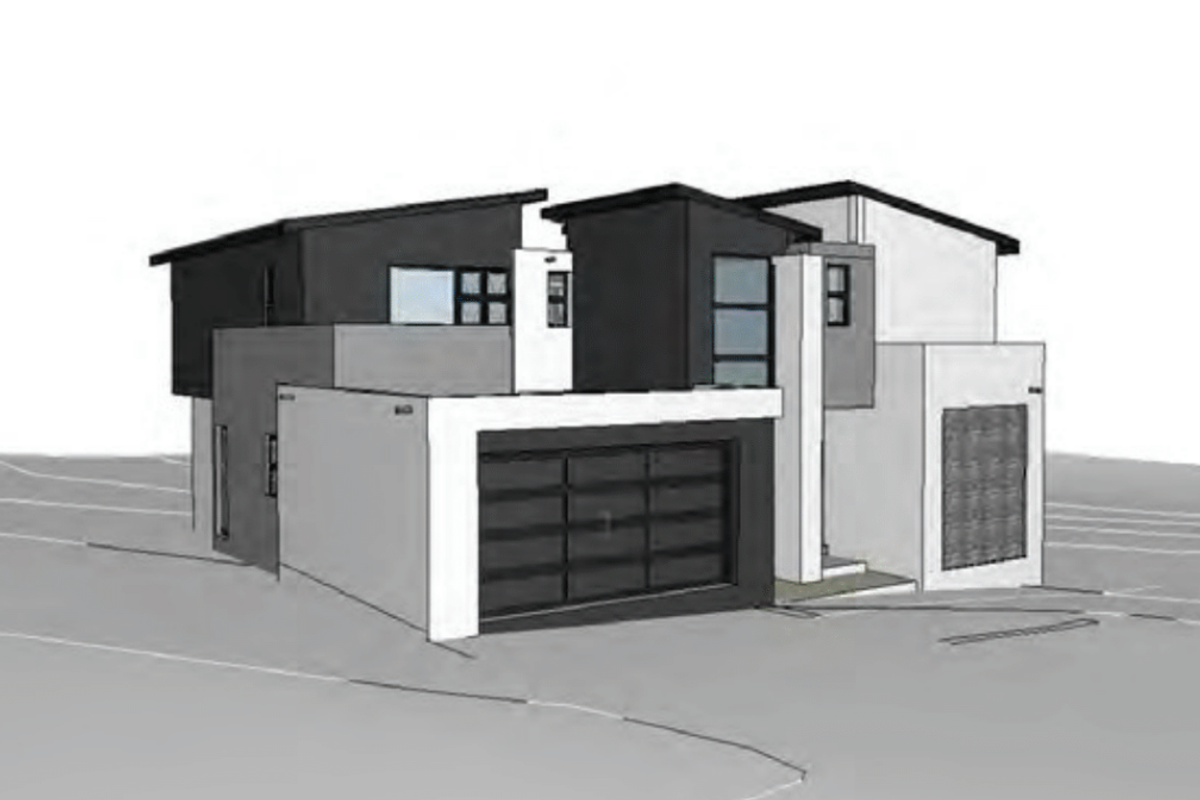 A 3D architectural render showing the front elevation and garage of a modern contemporary house design.