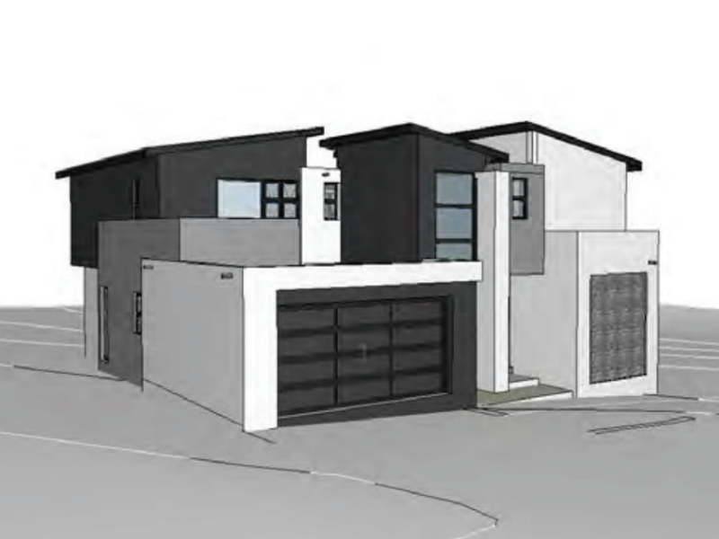A 3D architectural render showing the front elevation and garage of a modern contemporary house design.