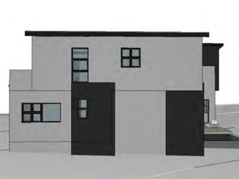 A 3D architectural render showing the rear elevation of a modern two-story house with a flat roof and minimalist facade design.