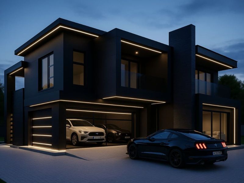 A modern two-story house featuring a sleek black facade, integrated LED lighting, and a spacious double garage at dusk.