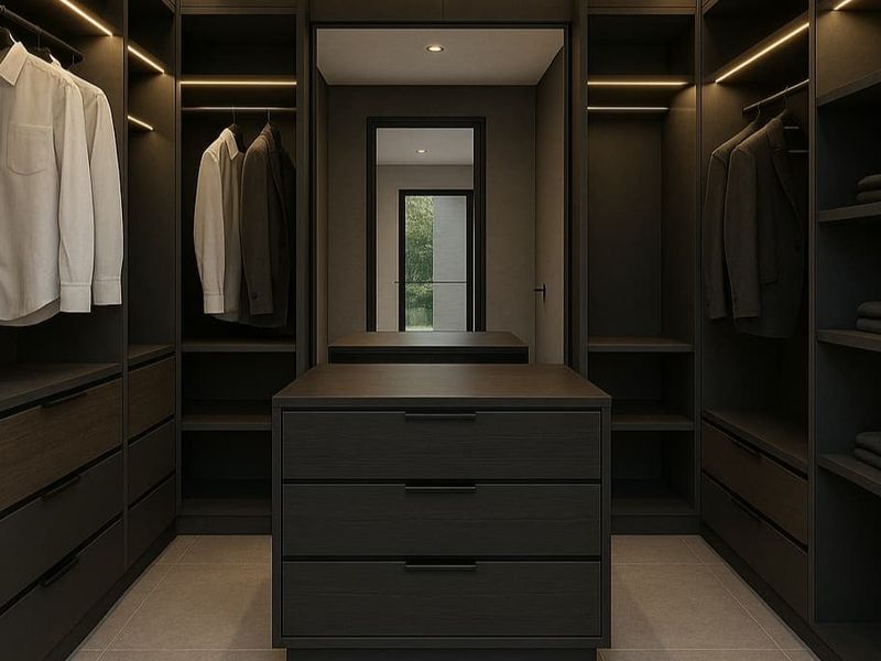 A modern, high-end walk-in closet featuring dark wood cabinetry, integrated LED lighting, and a central island drawer unit with tiled flooring.