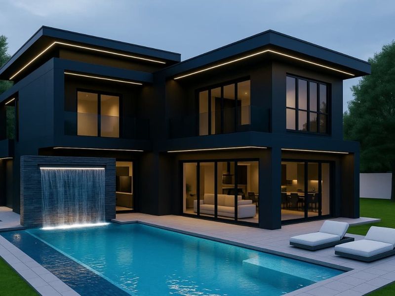 Modern two-story luxury residence featuring a sleek black facade, integrated LED lighting, a private swimming pool with a water feature, and expansive sliding glass doors.