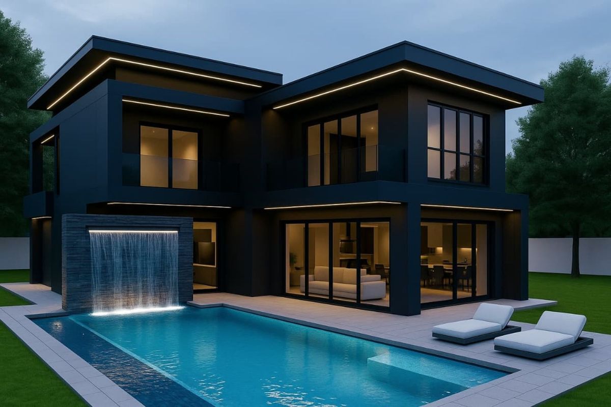Modern two-story luxury residence featuring a sleek black facade, integrated LED lighting, a private swimming pool with a water feature, and expansive sliding glass doors.
