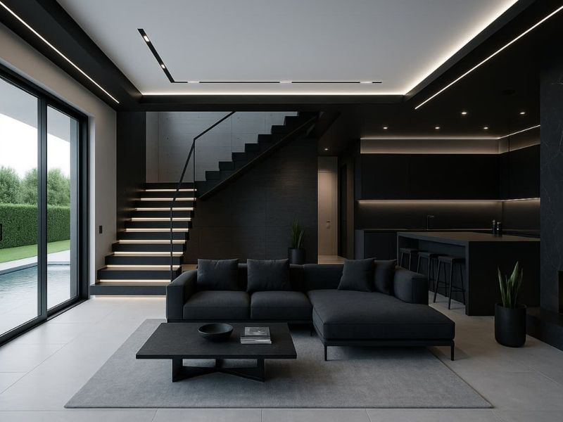 Modern open-plan living area featuring a sleek kitchen, built-in fireplace, and a striking staircase, with large sliding doors opening to a pool area.