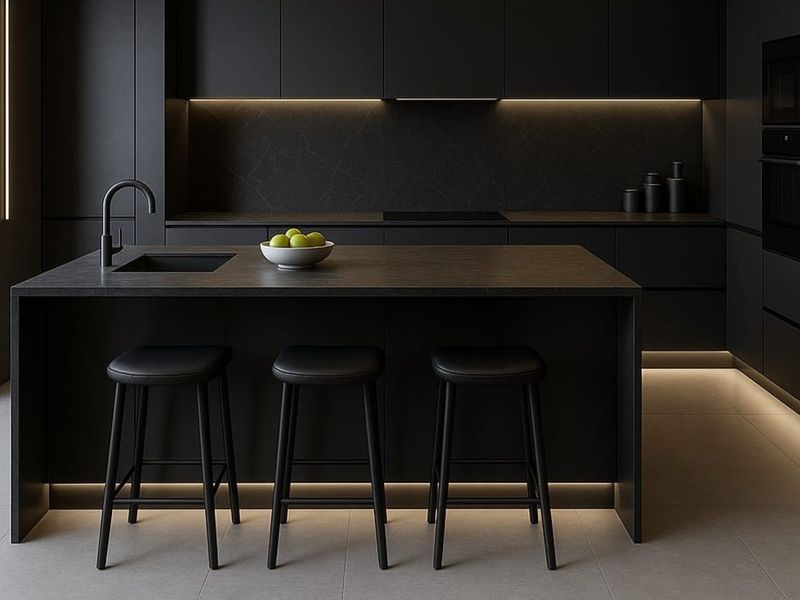 Modern minimalist kitchen featuring matte black cabinetry, a central island with integrated sink, premium stone countertops, and sophisticated under-cabinet LED lighting.