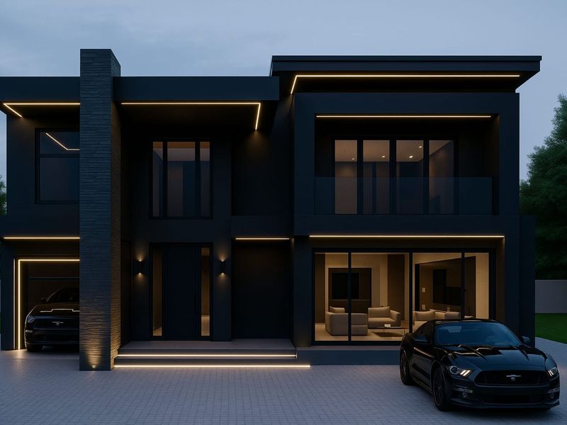 Modern double-story residence featuring a striking dark facade, integrated LED lighting, glass balustrades, and a paved driveway with double garage access.