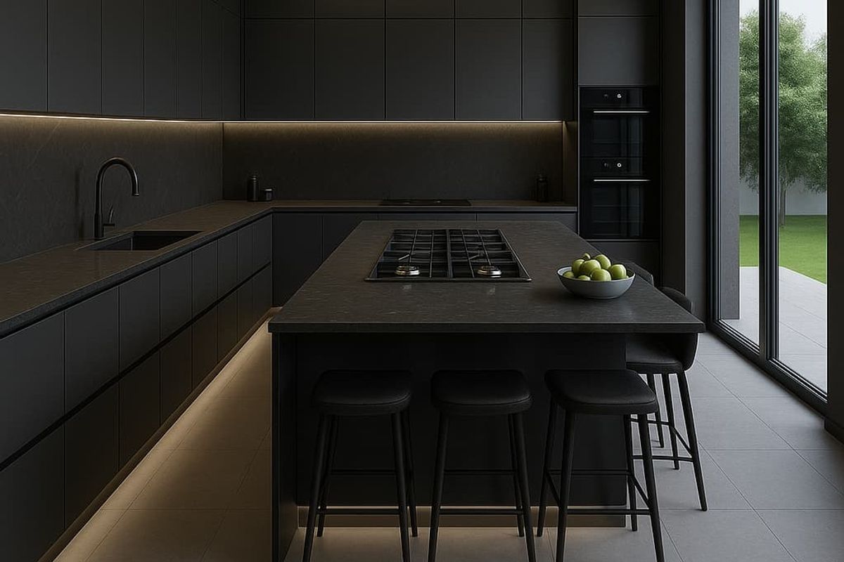 Modern minimalist kitchen featuring matte black cabinetry, a central island with integrated gas hob, and seamless access to the outdoor patio area.