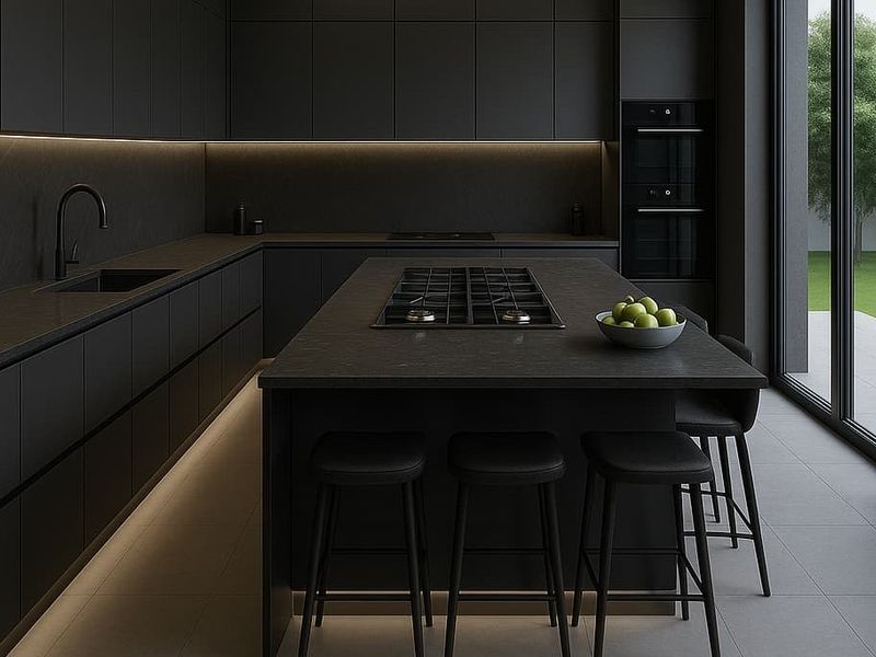 Modern minimalist kitchen featuring matte black cabinetry, a central island with integrated gas hob, and seamless access to the outdoor patio area.