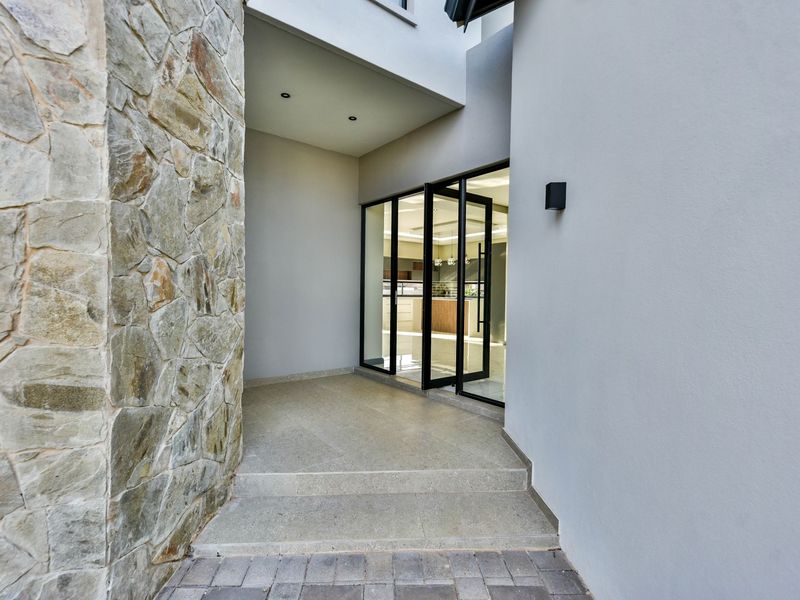 Modern entrance featuring a striking stone-clad wall, sleek glass pivot door, and clean architectural lines leading into the home.