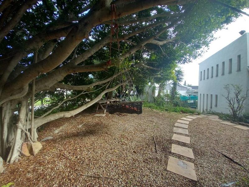 A private garden area featuring a large mature tree, gravel landscaping, and a stone paved pathway alongside the building exterior.