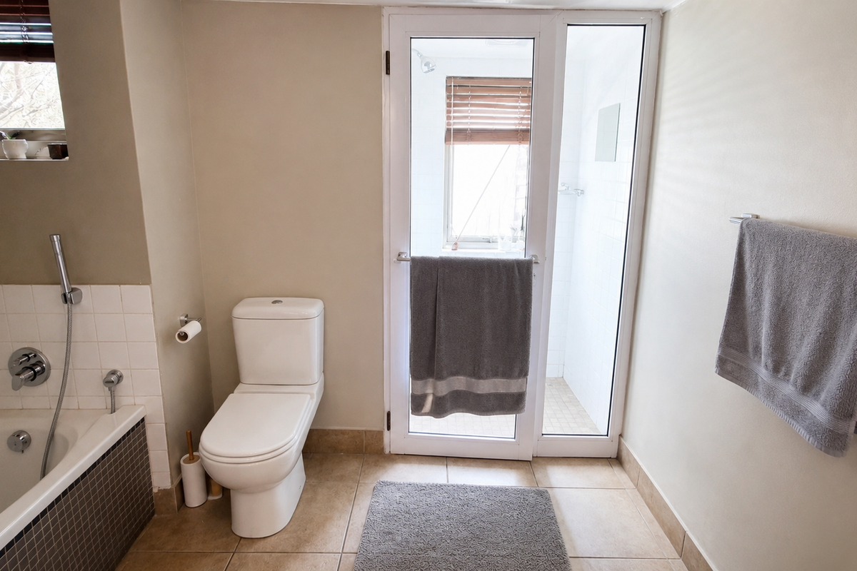 A functional bathroom featuring a built-in bathtub, toilet, and a separate shower enclosure with glass door access.