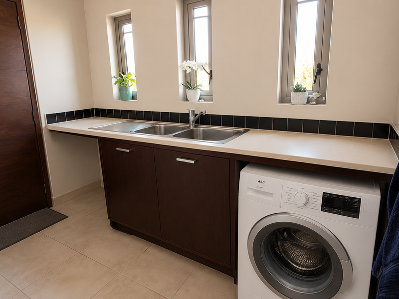 A clean and functional laundry room featuring built-in dark wood cabinetry, a stainless steel sink, tiled backsplash, and a modern washing machine.