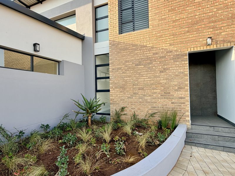 Modern front entrance featuring a combination of face brick and plastered finishes, complemented by a landscaped garden bed and paved walkway.