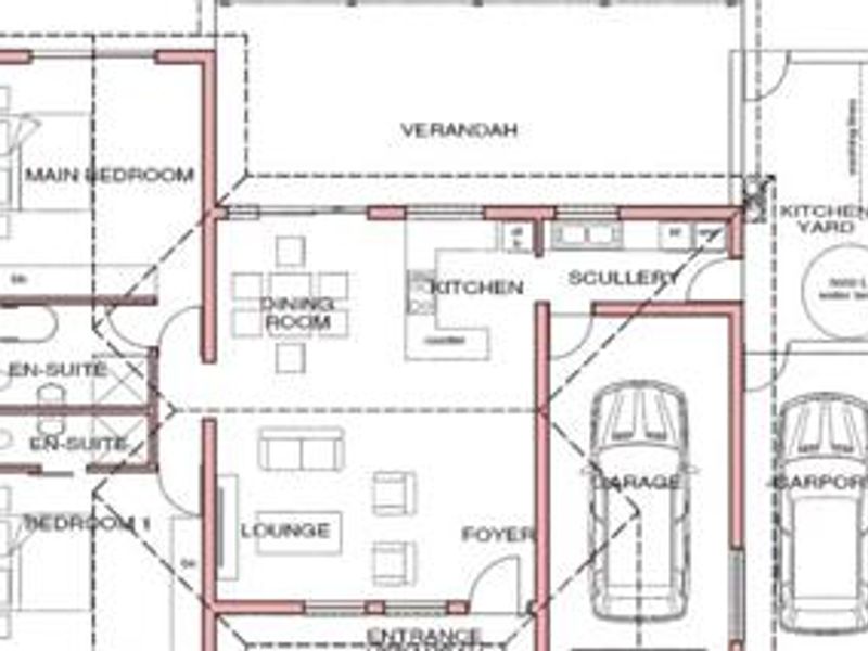 Architectural floor plan showing the layout of the townhouse, including bedrooms, living areas, kitchen, scullery, garage, and outdoor verandah space.