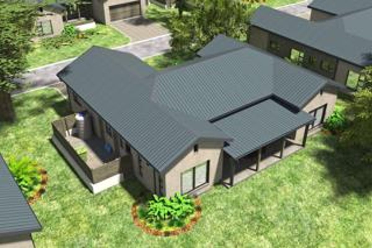 An aerial perspective of a townhouse unit featuring a pitched roof, a covered patio area, and a private fenced courtyard with a rainwater tank.