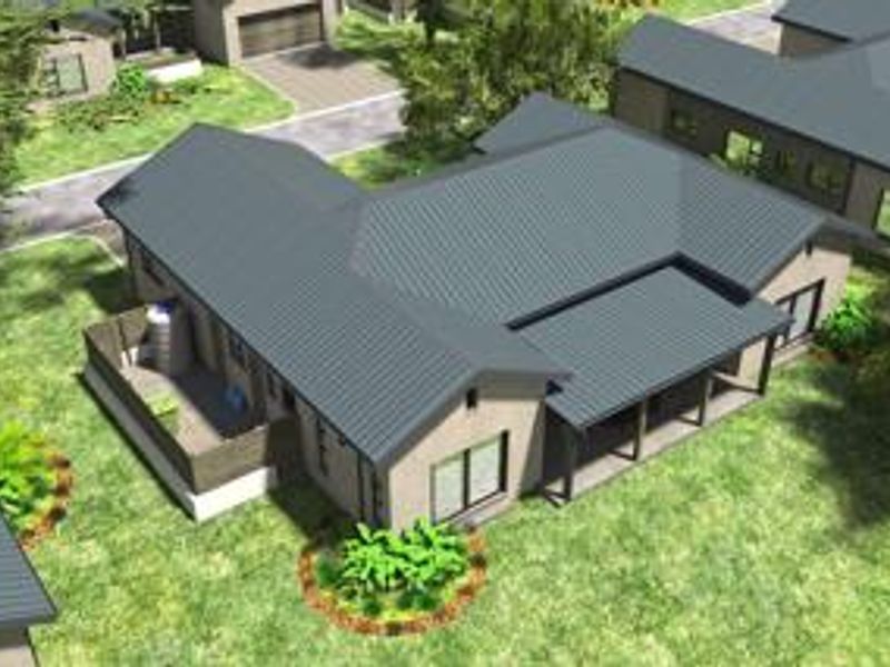 An aerial perspective of a townhouse unit featuring a pitched roof, a covered patio area, and a private fenced courtyard with a rainwater tank.