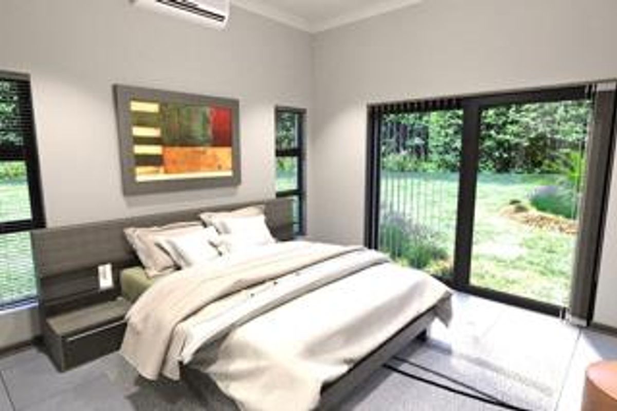 Modern bedroom featuring tiled floors, a built-in headboard, split-system air conditioning, and large sliding glass doors providing direct access to the garden.