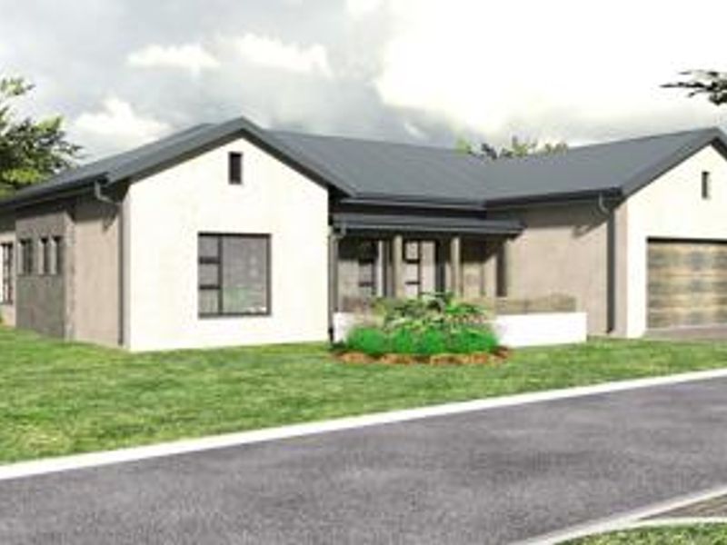 A modern single-story townhouse exterior featuring a pitched metal roof, plastered facade, and an integrated garage.