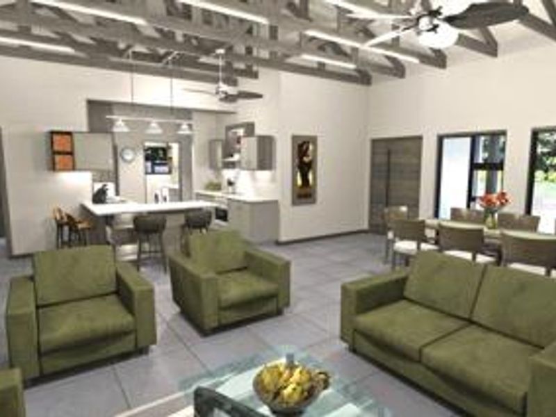 Spacious open-plan living area featuring exposed timber ceiling beams, a modern kitchen with an island, and tiled flooring throughout.