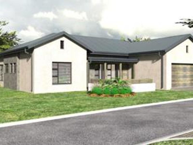 A digital rendering of a modern single-story townhouse featuring a metal roof, integrated garage, and clean architectural lines.