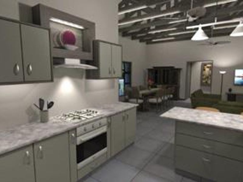 Open plan kitchen and living area featuring modern cabinetry, stone countertops, built-in appliances, and exposed ceiling beams with integrated lighting.