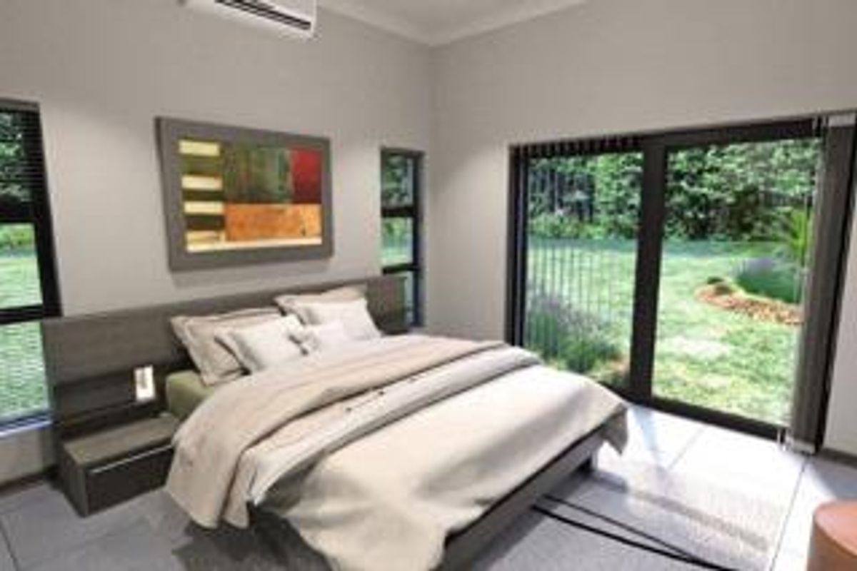 Modern bedroom featuring tiled flooring, a built-in headboard, split-system air conditioning, and large sliding glass doors providing direct access to the garden.