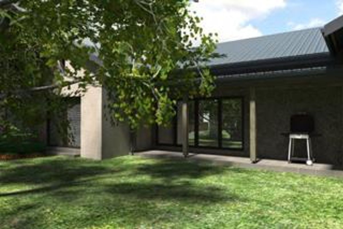 A covered outdoor patio area featuring a metal roof, timber support posts, and large sliding glass doors leading into the home.