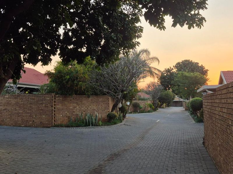 A view of the paved complex driveway lined with established trees and brick boundary walls at sunset.
