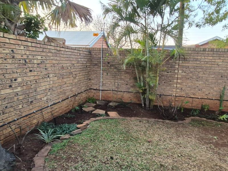 A private rear garden area featuring a brick boundary wall, established palm trees, and an installed irrigation system.