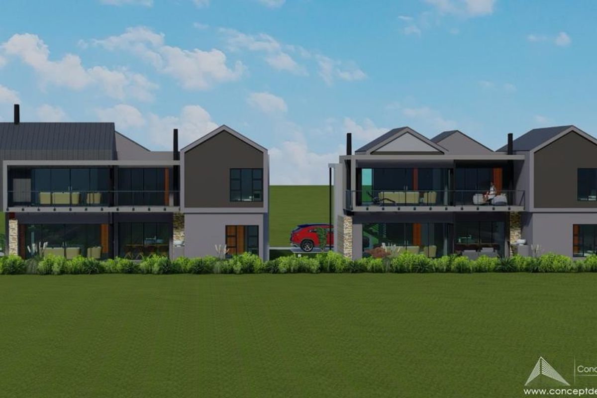 Architectural rendering of a modern two-story residential development featuring large glass sliding doors, balconies, and contemporary stone and metal exterior finishes.
