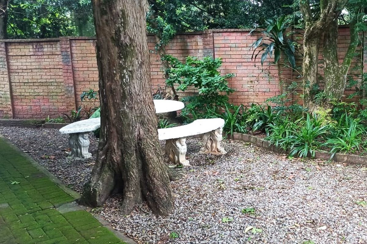 A private garden area featuring a brick boundary wall, gravel landscaping, and a paved walkway with mature trees.