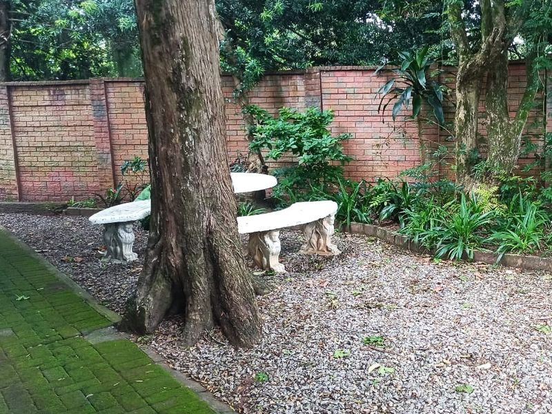 A private garden area featuring a brick boundary wall, gravel landscaping, and a paved walkway with mature trees.