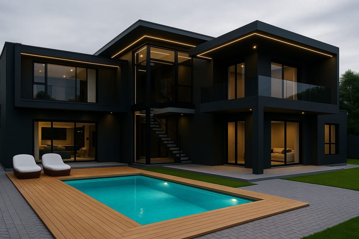 Modern double-story residence featuring a sleek black facade, integrated LED lighting, a swimming pool with timber decking, and expansive glass sliding doors.