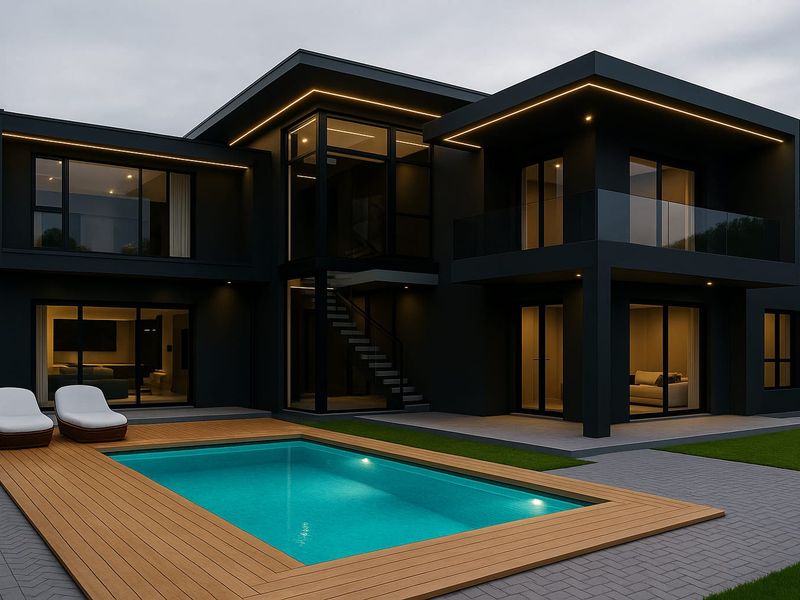 Modern double-story residence featuring a sleek black facade, integrated LED lighting, a swimming pool with timber decking, and expansive glass sliding doors.