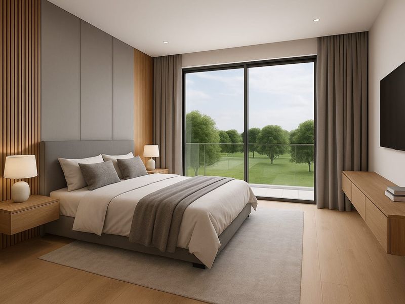Modern bedroom featuring timber wall paneling, floating cabinetry, and large sliding glass doors opening to a balcony with scenic green views.