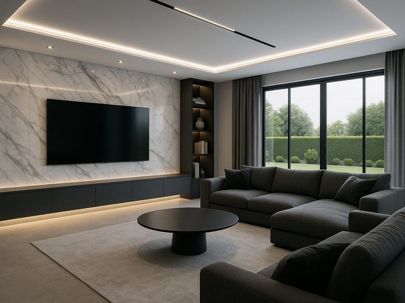 Modern living room featuring a marble accent wall, built-in cabinetry, recessed lighting, and large sliding doors opening to a landscaped garden.