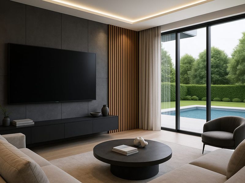 Modern living room featuring sleek timber slat wall paneling, large format tiles, and expansive sliding glass doors opening to a private pool area.