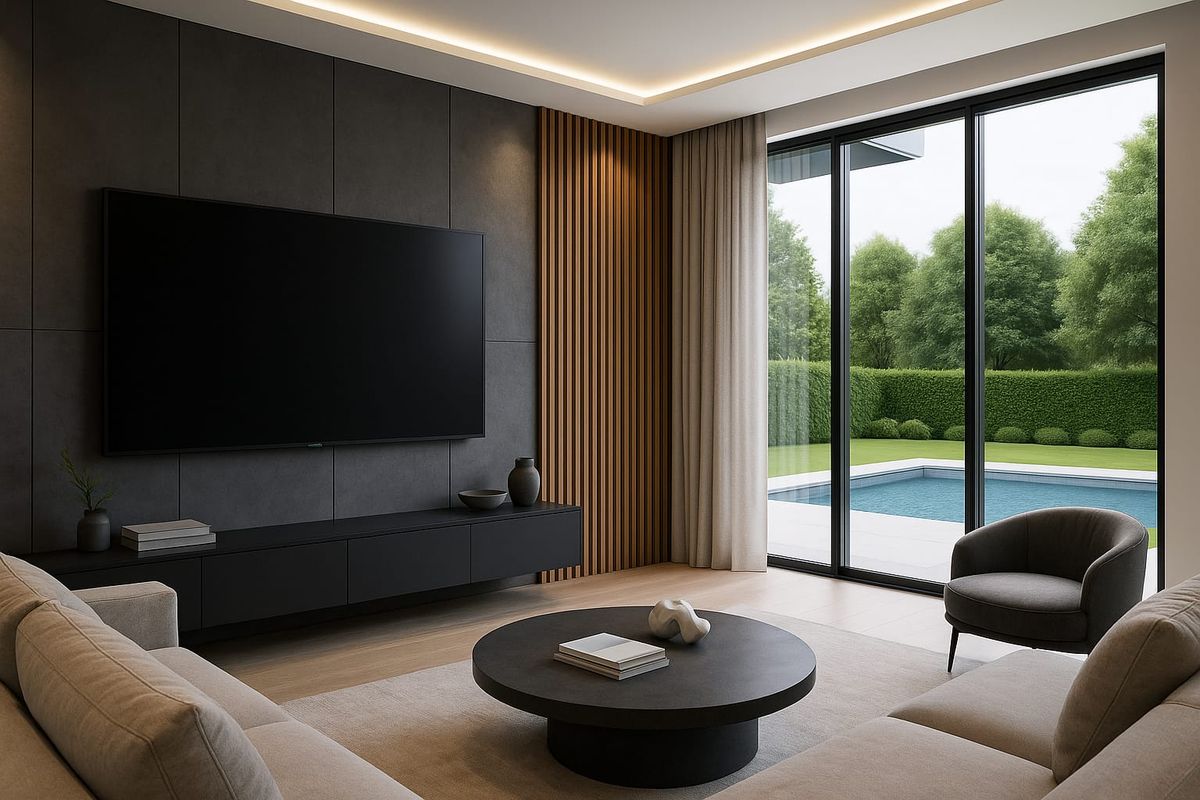 Modern living room featuring sleek timber slat wall paneling, large format tiles, and expansive sliding glass doors opening to a private pool area.