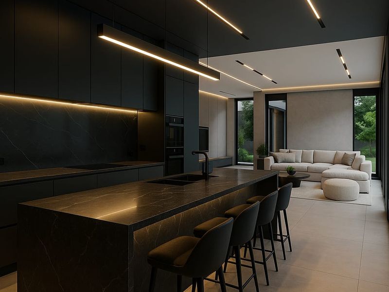 Modern open-plan living area featuring a sleek black kitchen with a large stone island, integrated appliances, and sophisticated linear lighting throughout.