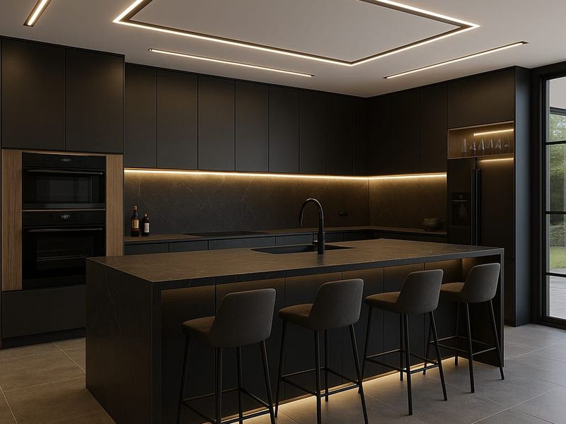 Modern, high-end kitchen featuring matte black cabinetry, a large central island with stone countertops, integrated appliances, and sophisticated recessed LED lighting.